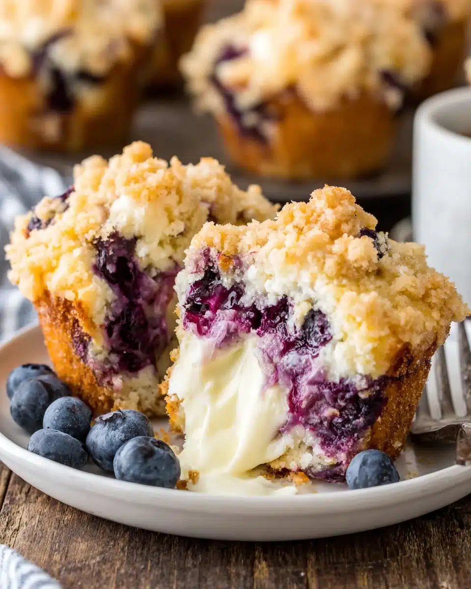 Blueberry Cream Cheese Muffin with Creamy Filling and Streusel Blueberry cream cheese muffin with streusel topping and visible cream cheese filling