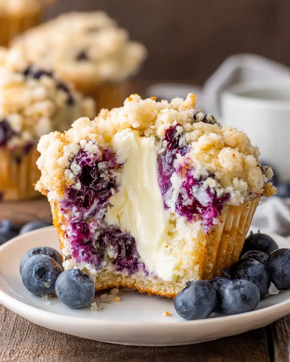 Blueberry Cream Cheese Muffin with Creamy Filling and Streusel Blueberry cream cheese muffin with streusel topping and visible cream cheese filling