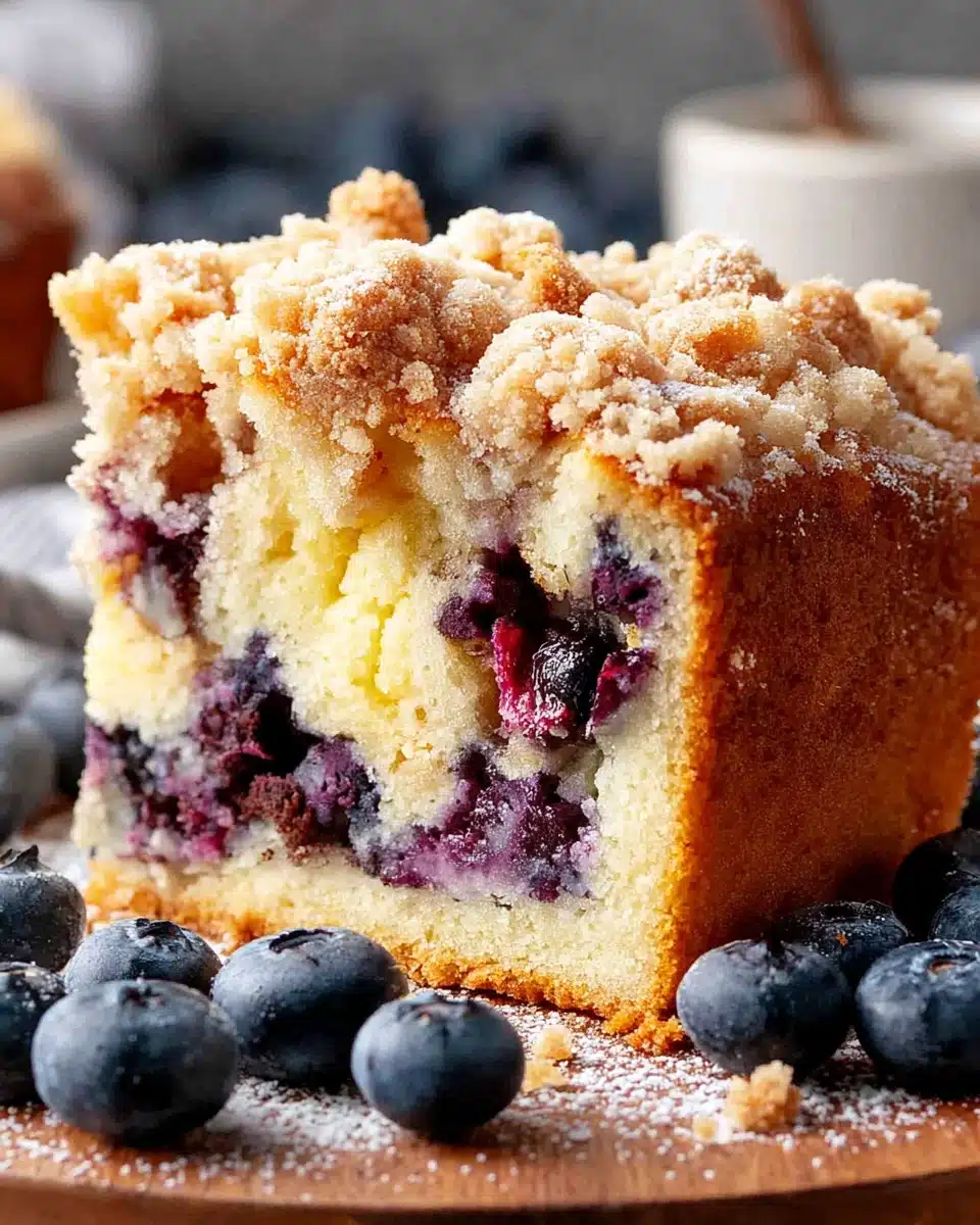 Blueberry Crumb Cake with Fresh Berries and Crunchy Topping A slice of blueberry crumb cake with fresh blueberries and crumb topping