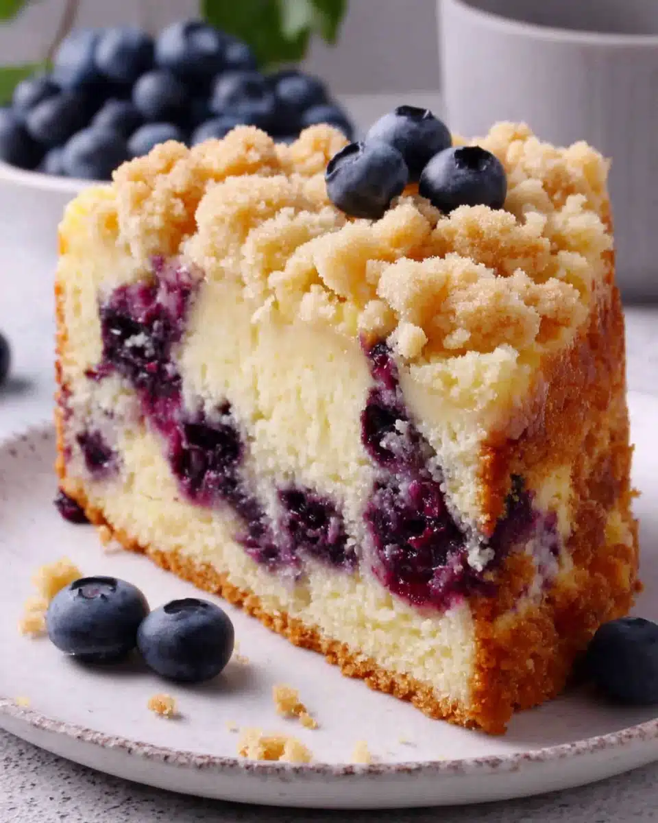 Blueberry Crumb Cake with Crunchy Topping Slice of blueberry crumb cake with crumb topping and fresh blueberries