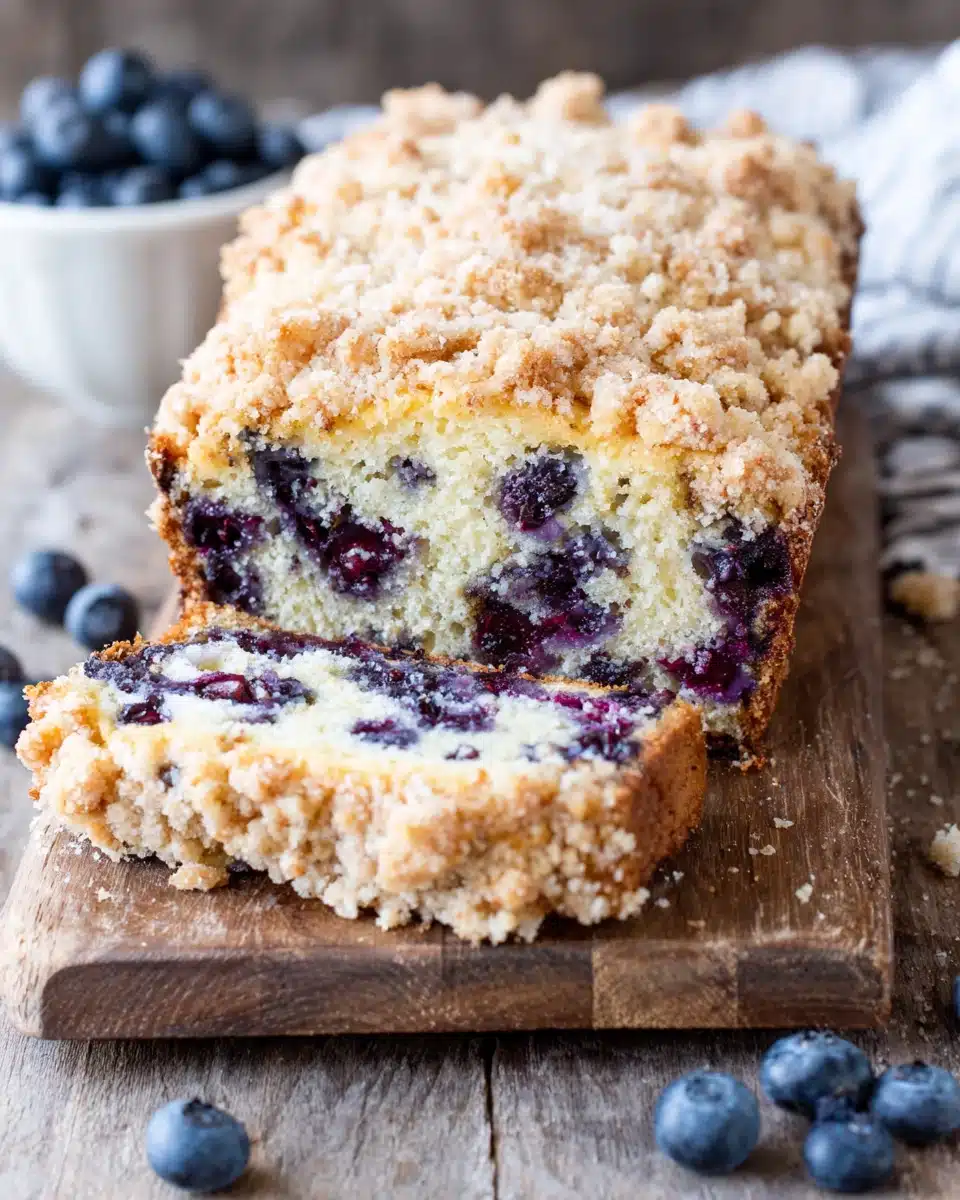 Moist blueberry crumb coffee cake with buttery cinnamon topping and fresh blueberries