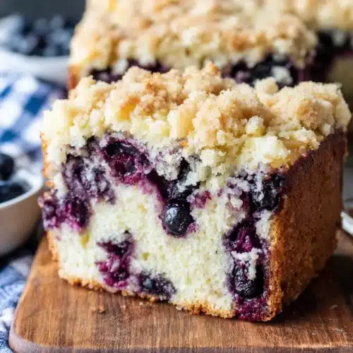 Moist blueberry crumb coffee cake with golden crumble topping and fresh blueberries