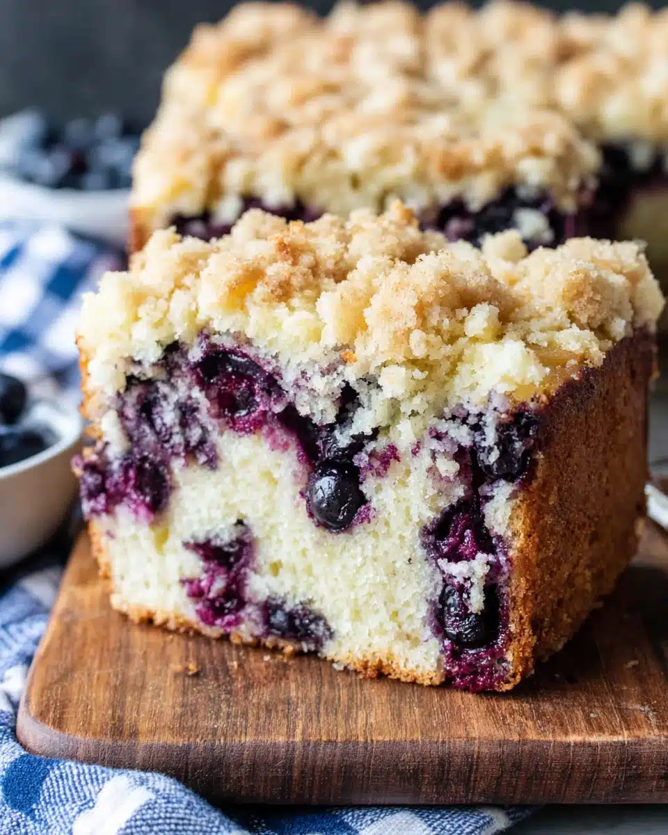 Moist blueberry crumb coffee cake with golden crumble topping and fresh blueberries