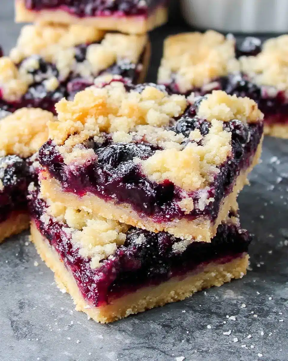 A slice of blueberry crumble bar with a golden crumb topping and juicy blueberry filling on a marble surface
