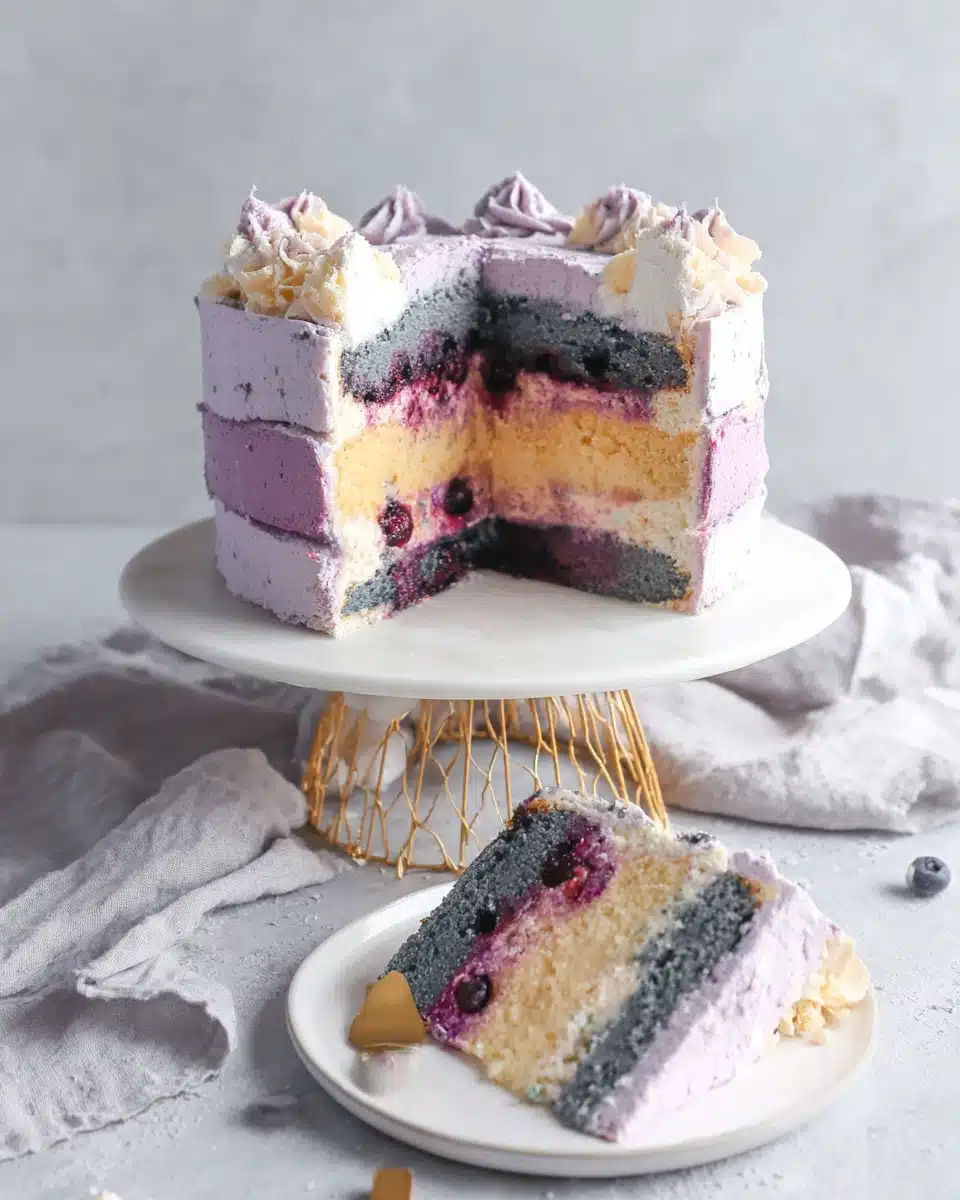 Blueberry layer cake with purple frosting and visible blueberry swirls, sliced to show layers.