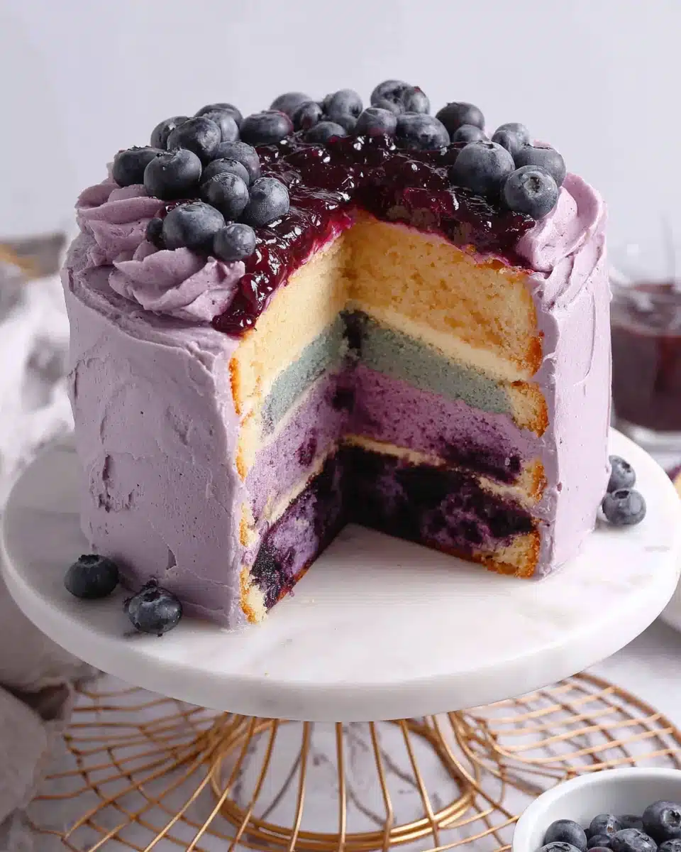 Blueberry layer cake with purple frosting and fresh blueberries, slice cut to show layers