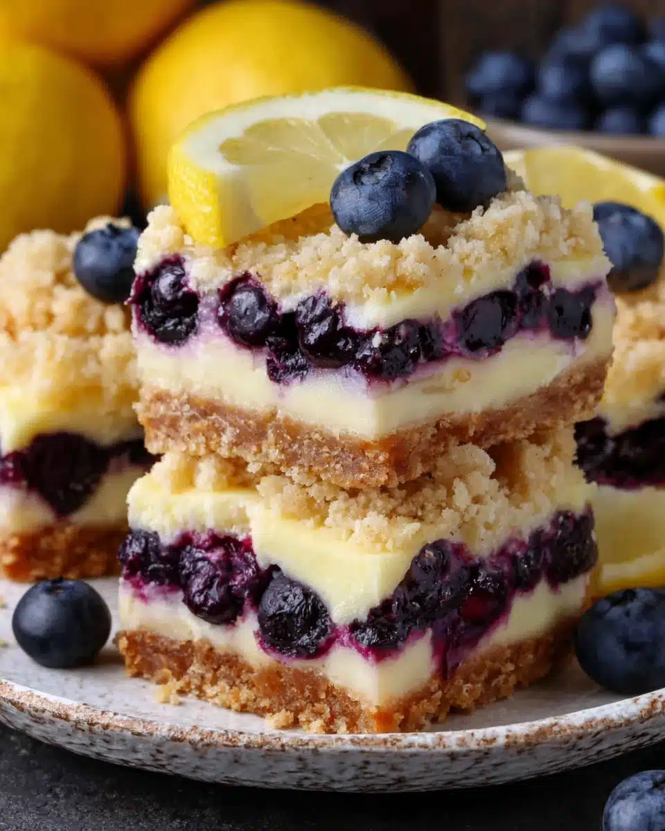 Blueberry lemon pie bar with fresh blueberries and lemon slice on top