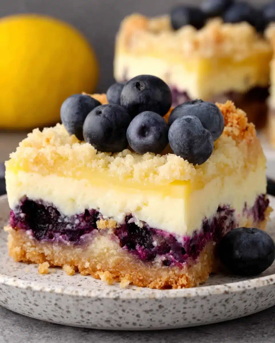 Blueberry lemon pie bars with fresh blueberries and lemon zest, served on a plate
