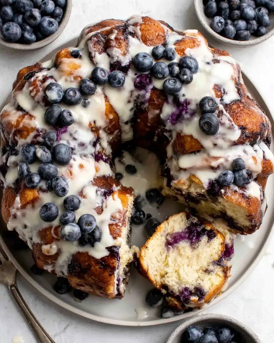 Blueberry monkey bread with glaze and fresh berries on a white plate