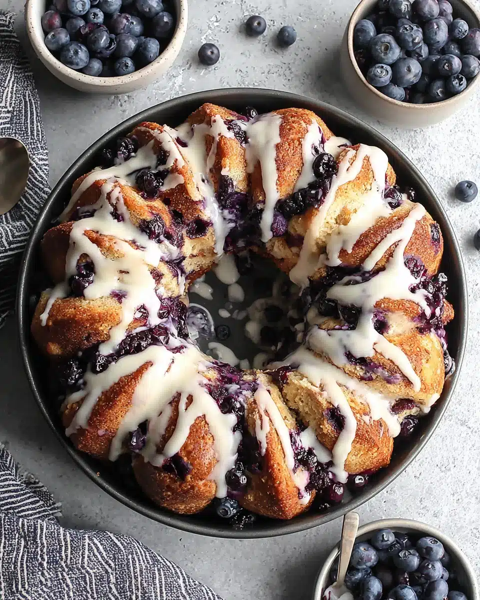 Blueberry monkey bread with white glaze and fresh blueberries on a plate