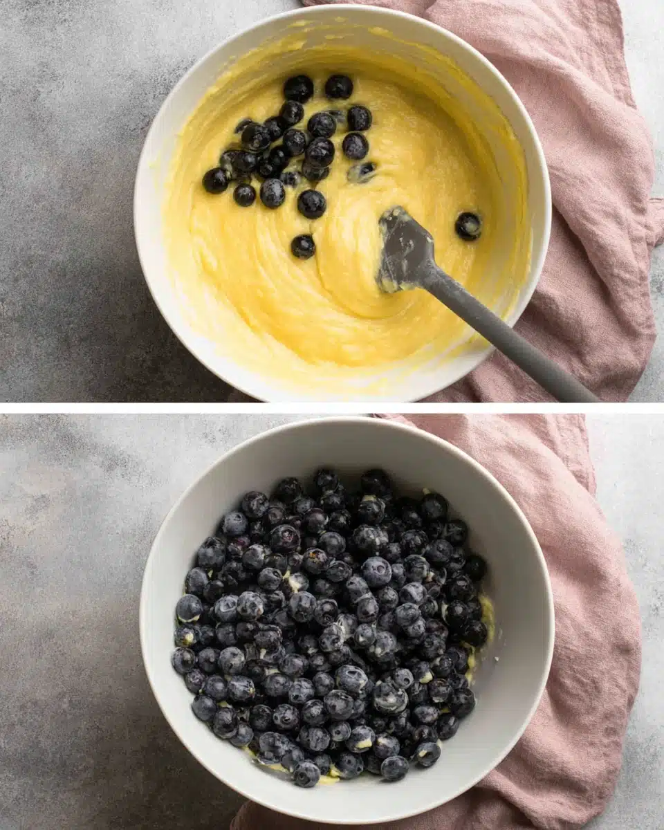 Blueberries being folded into batter for blueberry muffin bread