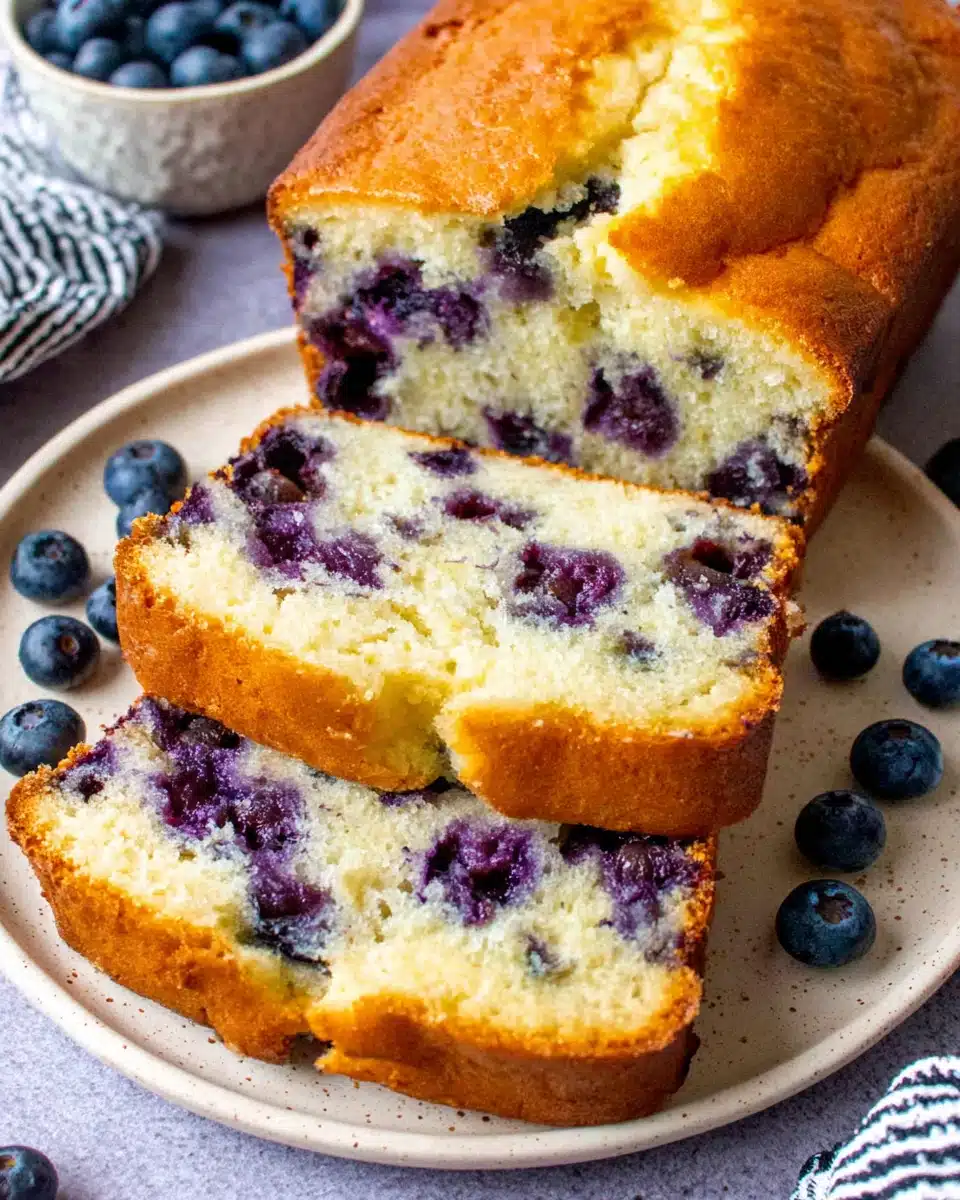 Sliced blueberry muffin bread on a plate with fresh blueberries