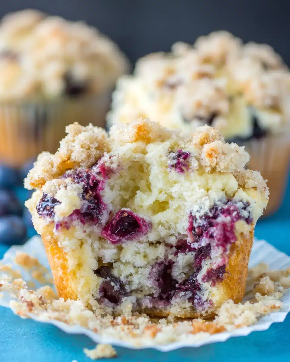 Blueberry muffins with streusel topping, juicy berries, crumbly topping