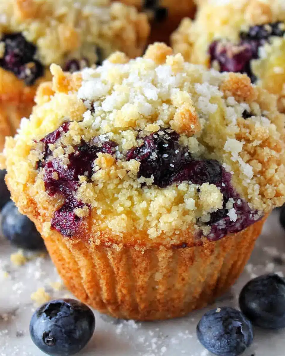 Blueberry muffins with streusel topping, golden crumbly topping, juicy berries, fresh baked