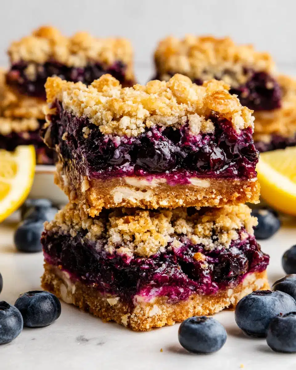 Blueberry oatmeal bars with crumble topping and fresh blueberries