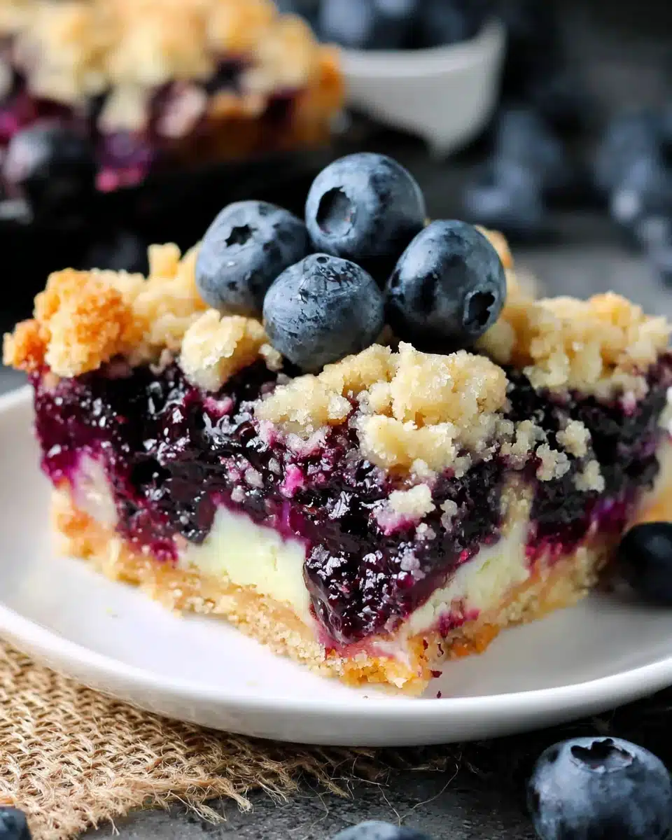 Blueberry pie bar on a white plate with fresh blueberries and a fork