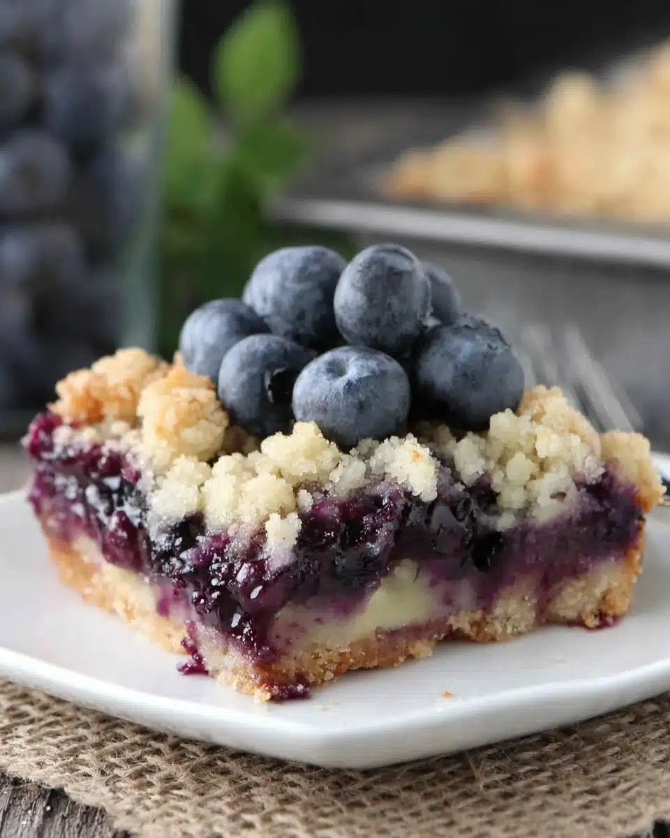 A slice of blueberry pie bar on a white plate with fresh blueberries
