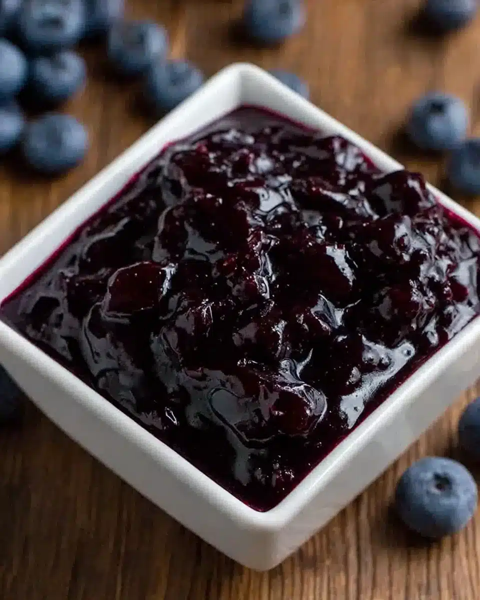 Glossy blueberry sauce in a white bowl on wooden surface