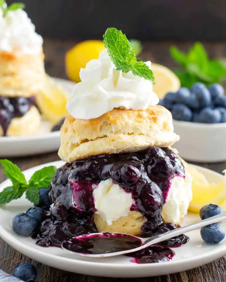 Blueberry Shortcake with Vanilla Ice Cream and Fresh Mint Blueberry shortcake with vanilla ice cream, blueberry sauce, and mint garnish