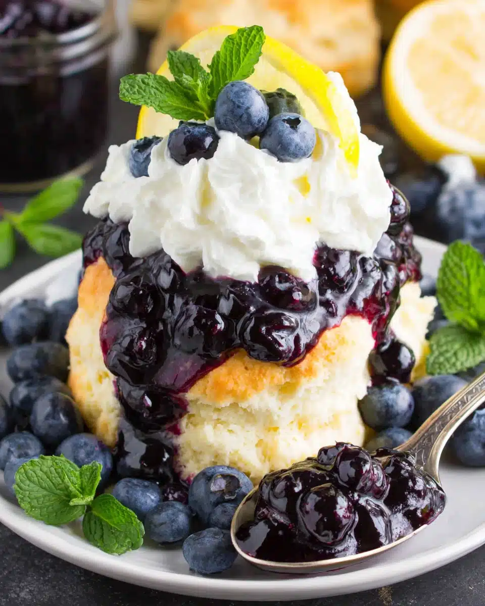 Blueberry Shortcake with Whipped Cream and Fresh Berries Golden blueberry shortcake with whipped cream, blueberry sauce, and mint garnish