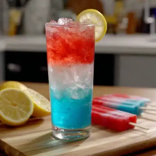 Bomb Pop Cocktail: A Fun and Colorful Treat 1 Bomb pop cocktail with red, white, and blue layers, lemon slices, and popsicles on a wooden board.