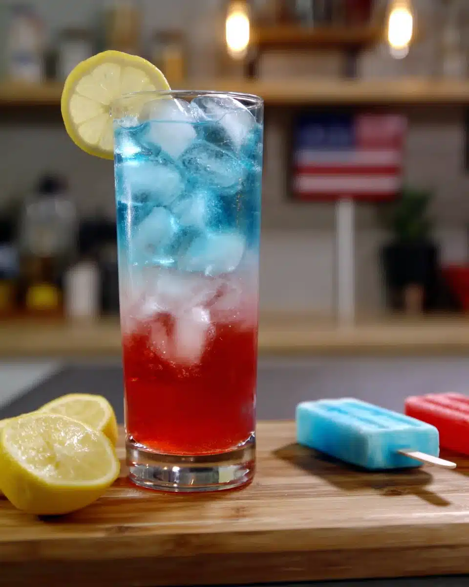 Bomb Pop Cocktail with Red White Blue Layers Bomb pop cocktail with red, white, and blue layers, lemon slices, and popsicles on a wooden board.