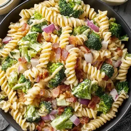 Creamy broccoli pasta salad with rotini, broccoli, bacon, and red onion in a dark bowl
