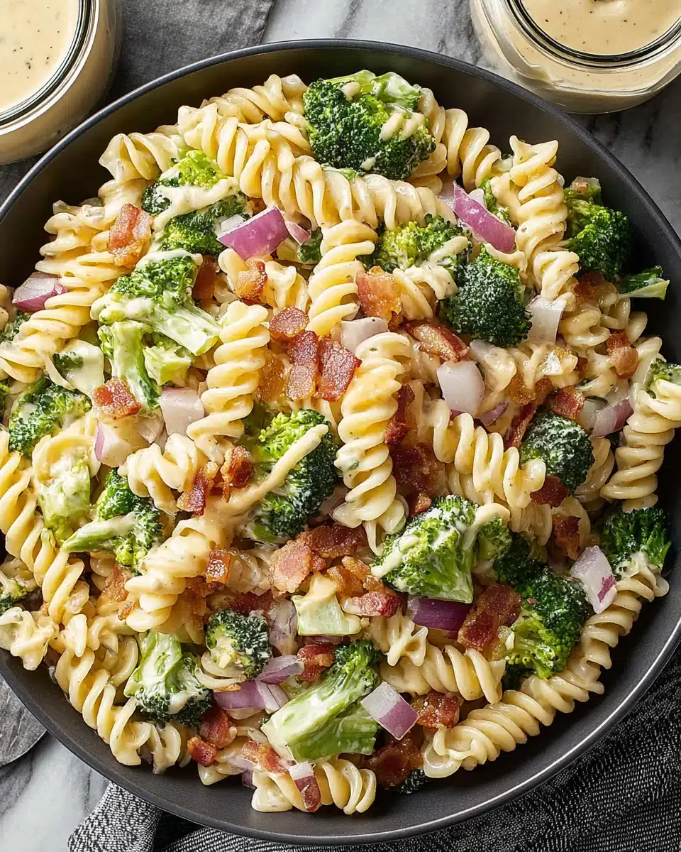 Creamy broccoli pasta salad with rotini, broccoli, bacon, and red onion in a dark bowl