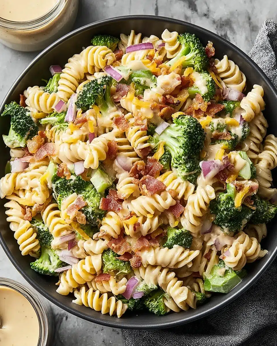 Creamy broccoli pasta salad with bacon and red onion in a bowl