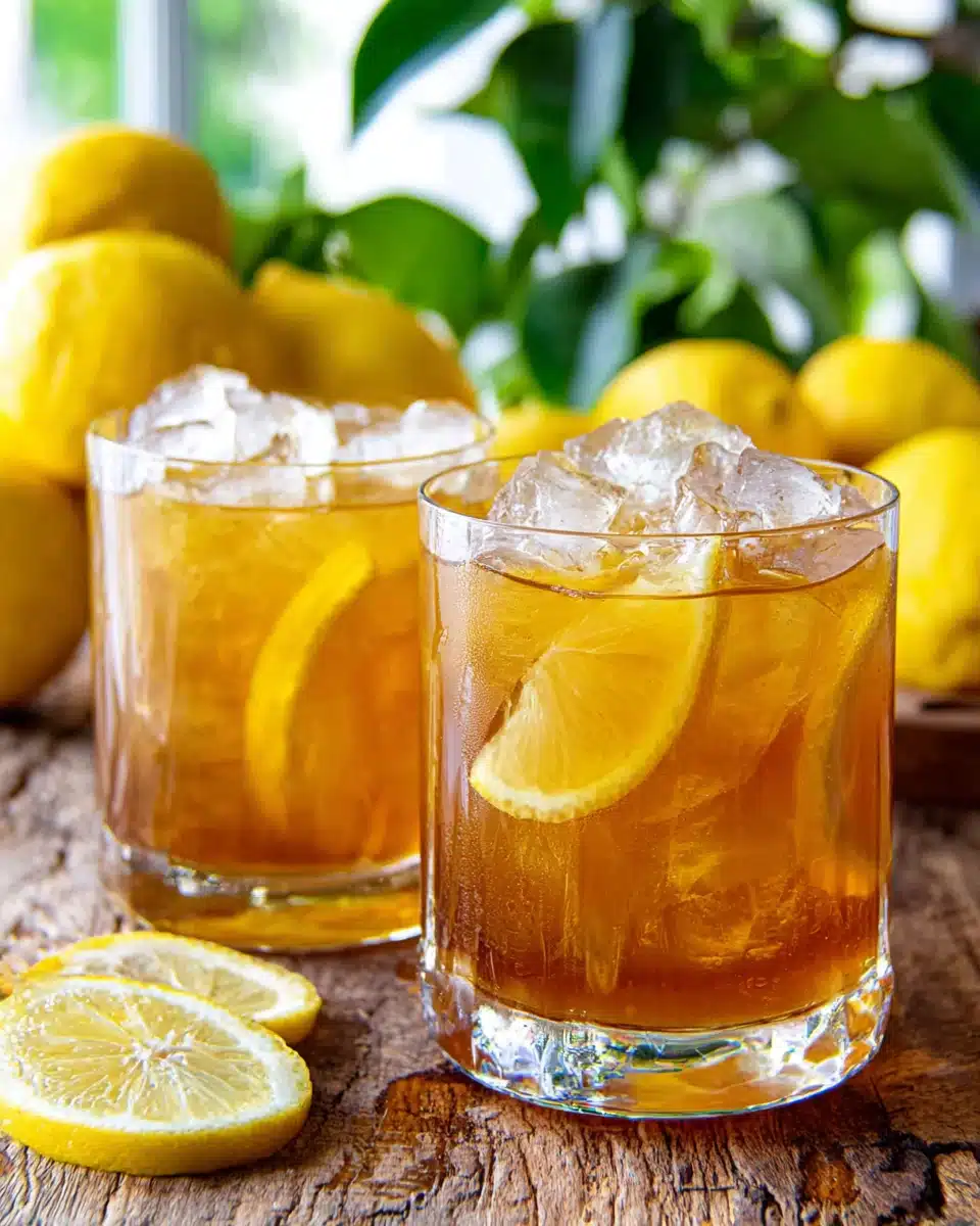 Two glasses of brown sugar lemonade with ice and lemon slices, fresh lemons in background