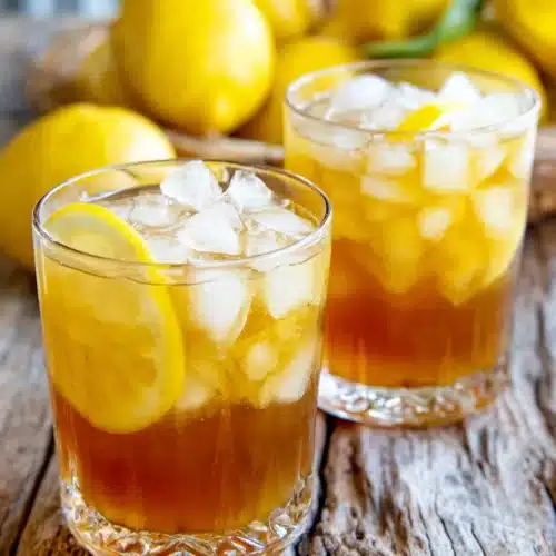 Two glasses of brown sugar lemonade with ice and lemon slices, fresh lemons in background
