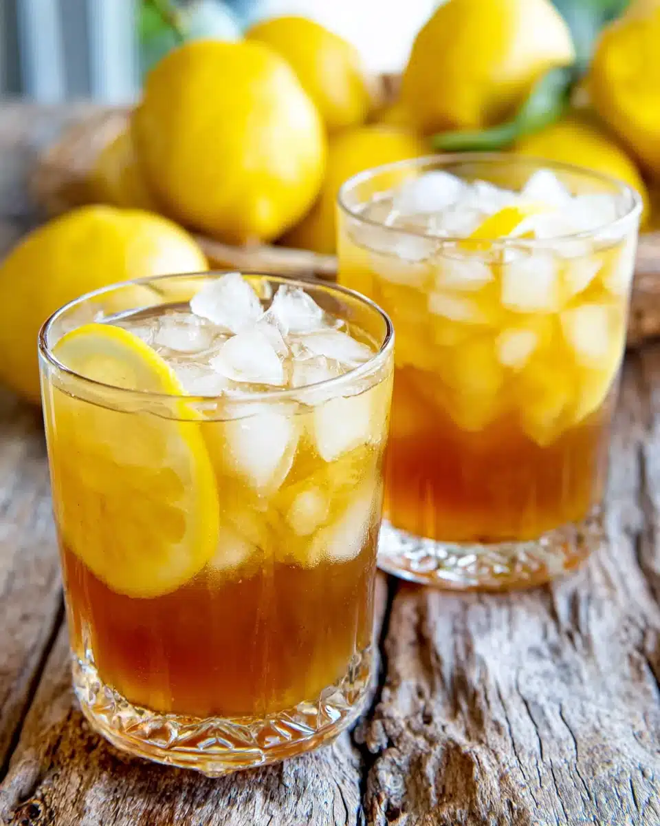 Two glasses of brown sugar lemonade with ice and lemon slices, fresh lemons in background