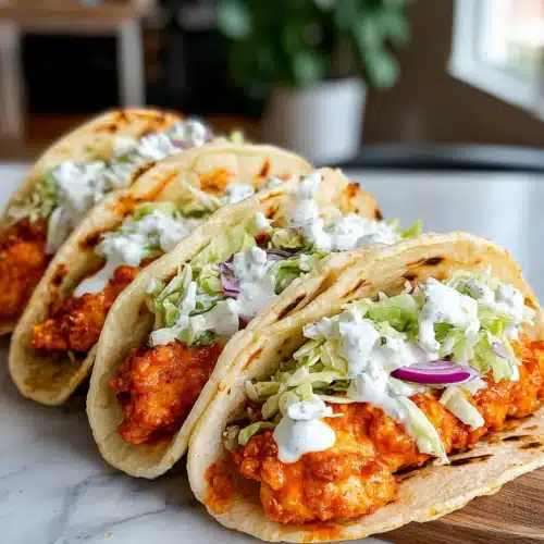 Buffalo chicken smash burger tacos with crispy patties and creamy slaw