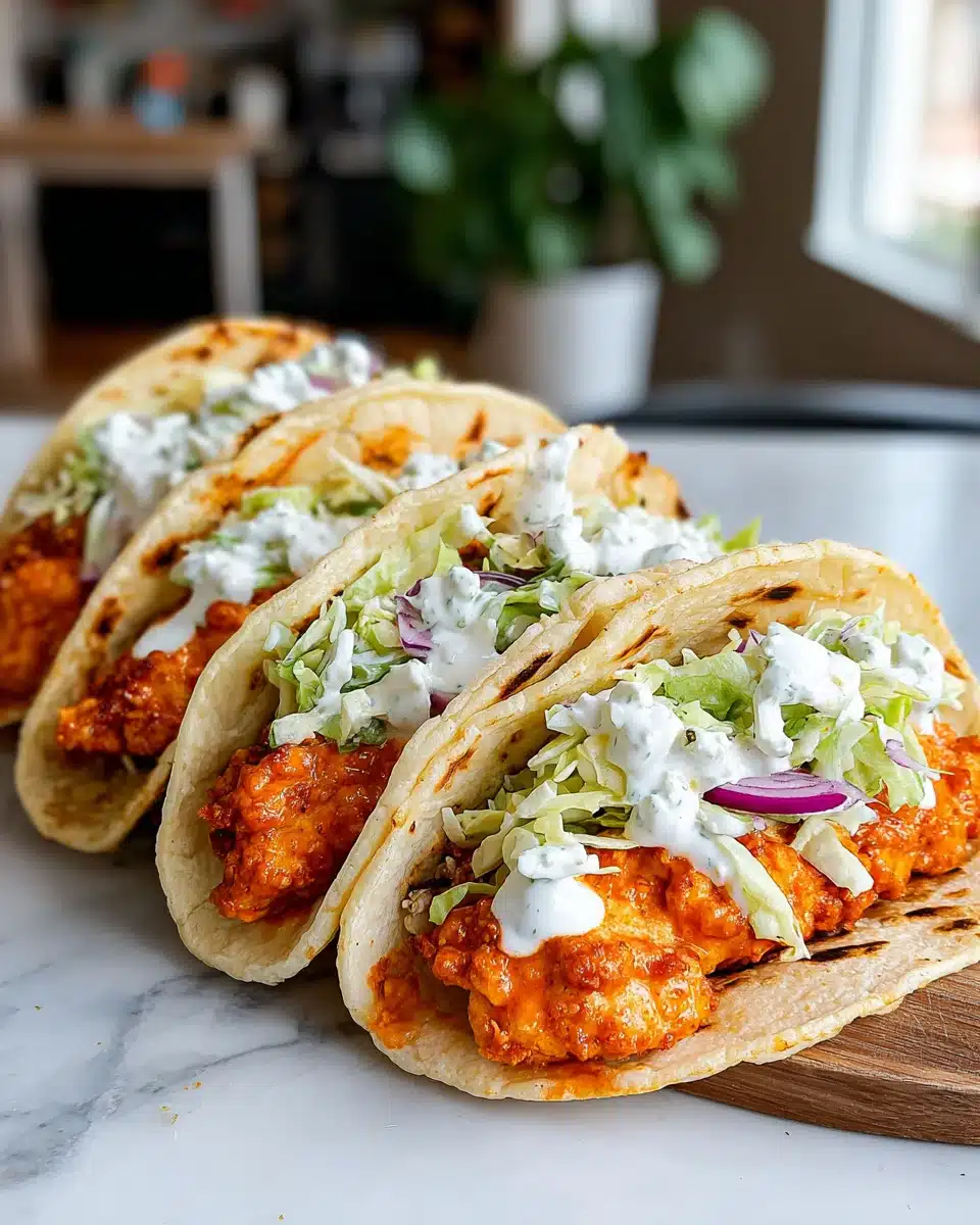 Buffalo chicken smash burger tacos with crispy patties and creamy slaw