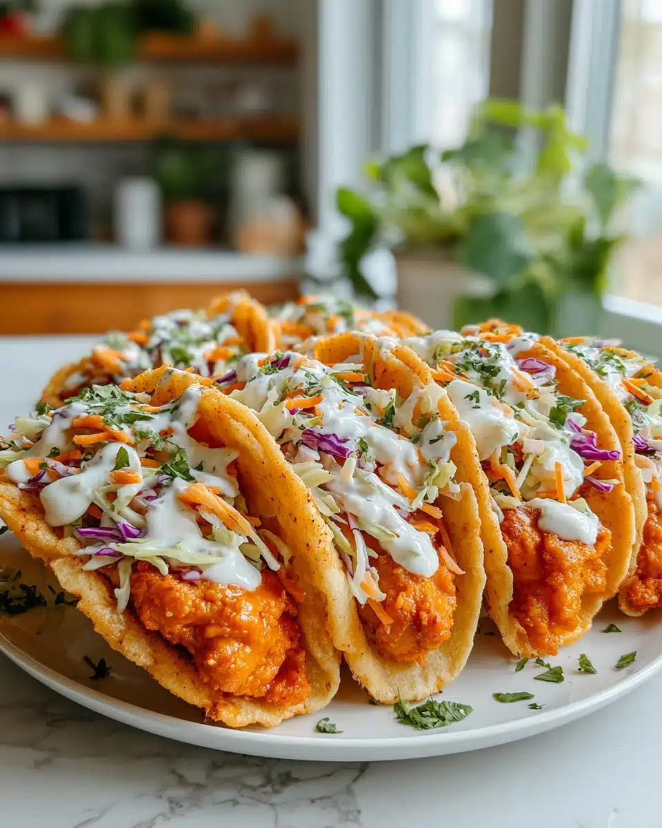 Buffalo chicken smash burger tacos with crispy chicken and creamy slaw on tortillas