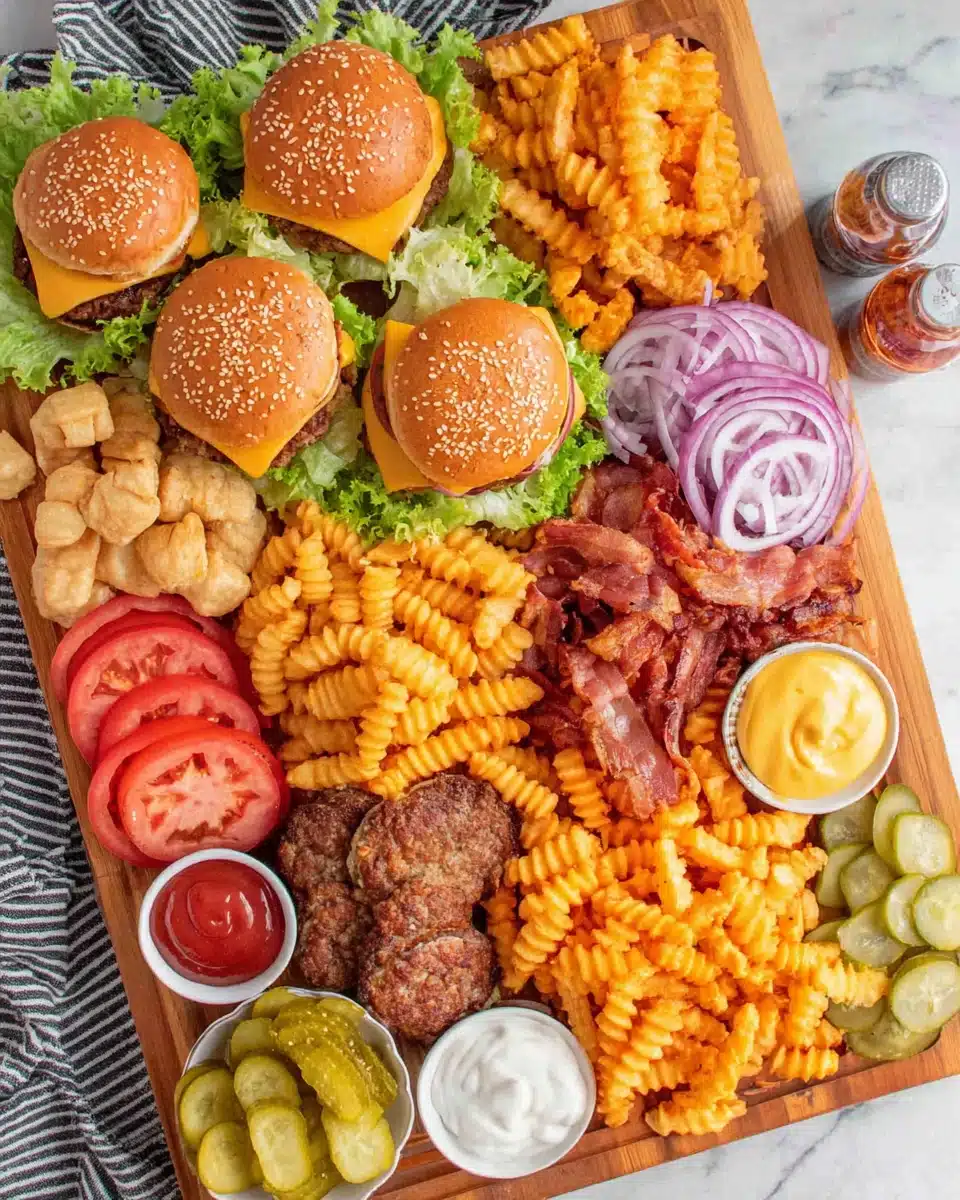 Burger board with patties, buns, toppings, condiments, and fries arranged on a wooden tray