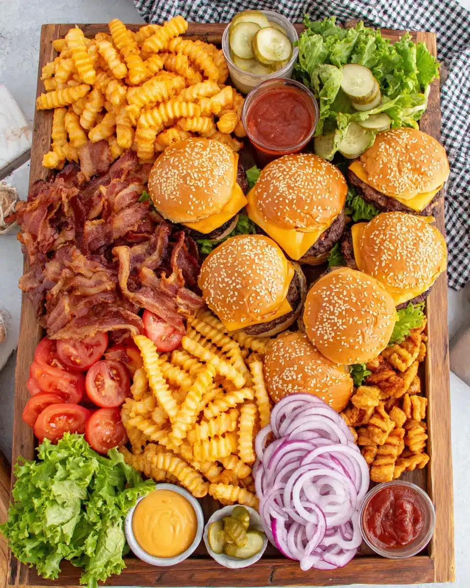 Burger board with patties, buns, toppings, condiments, and fries arranged on a wooden tray