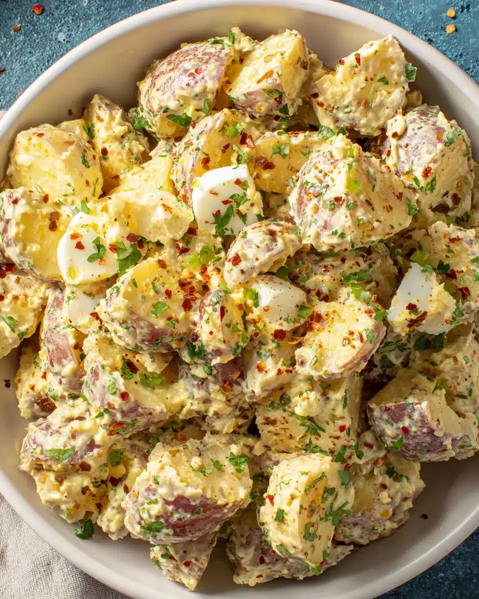 Creamy Cajun potato salad with red potatoes, herbs, and spices in a white bowl