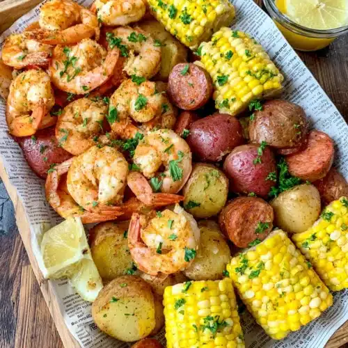 The Ultimate Cajun Shrimp Boil Recipe You’ll Love 1 Cajun shrimp boil with shrimp, potatoes, corn, and sausage on newspaper