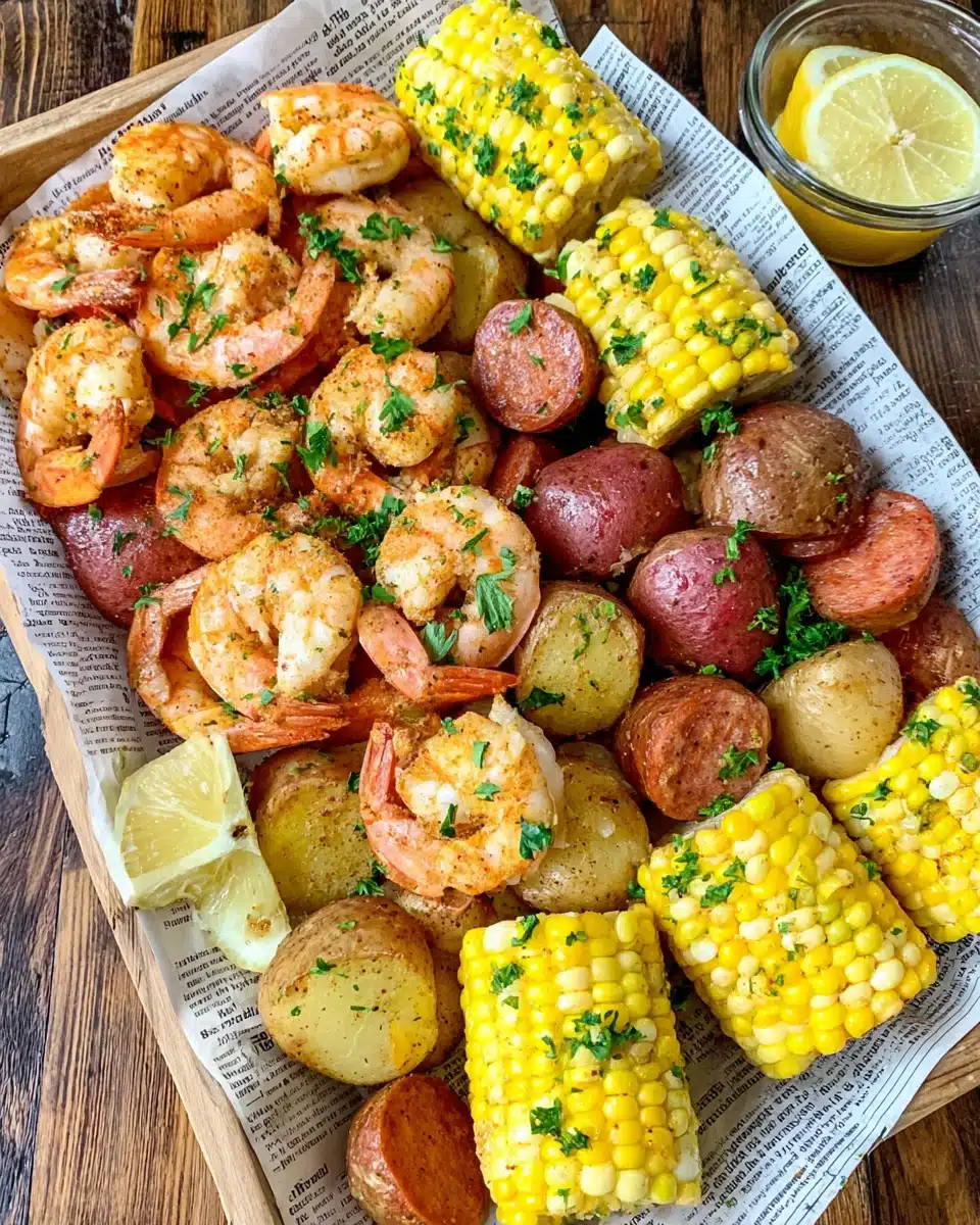 Cajun Shrimp Boil with Shrimp, Potatoes, Corn, and Sausage Cajun shrimp boil with shrimp, potatoes, corn, and sausage on newspaper