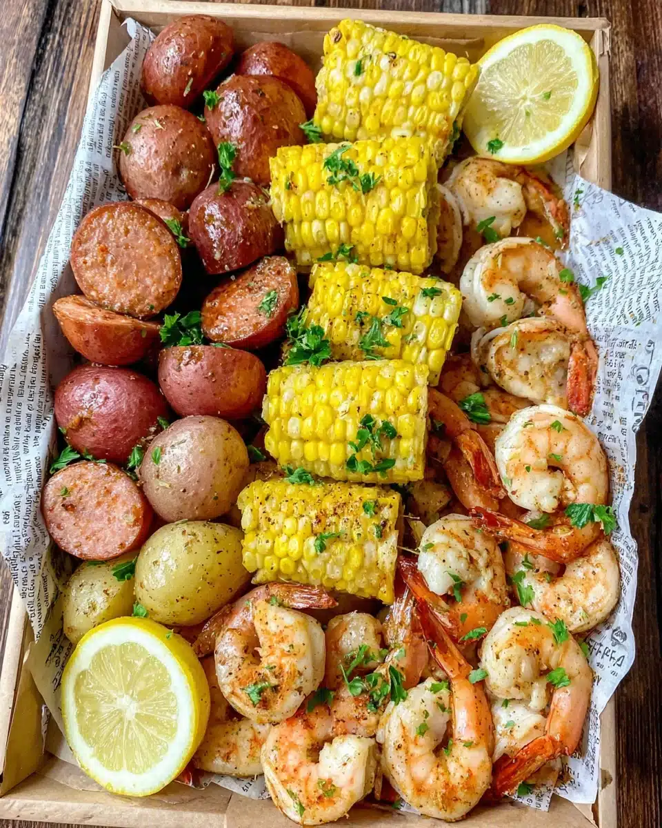 Cajun Shrimp Boil with Shrimp, Potatoes, Corn, and Sausage Cajun shrimp boil with shrimp, potatoes, corn, and sausage on newspaper