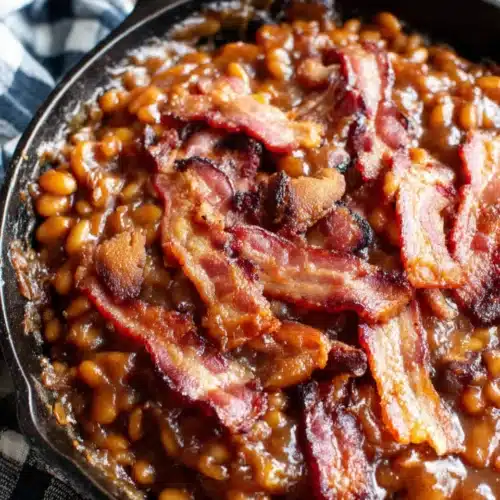 Canned baked beans with bacon in a skillet, warm and savory