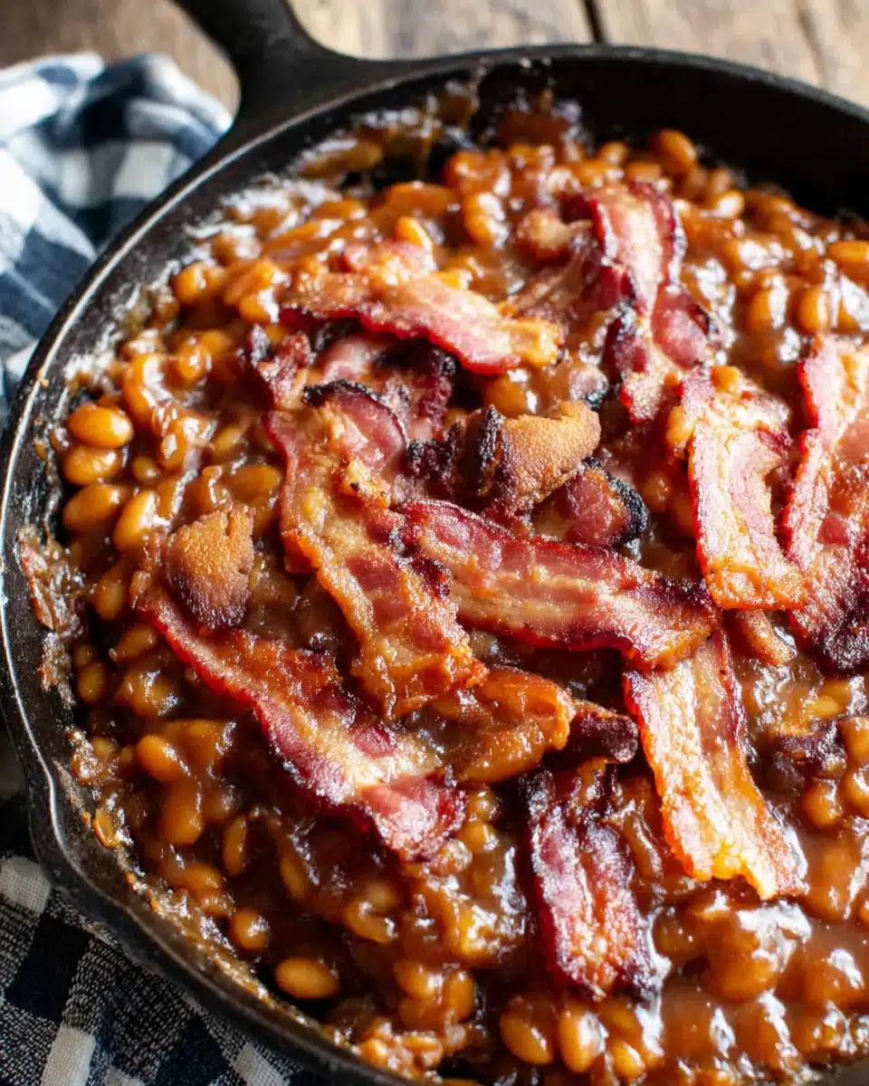 Canned baked beans with bacon in a skillet, warm and savory