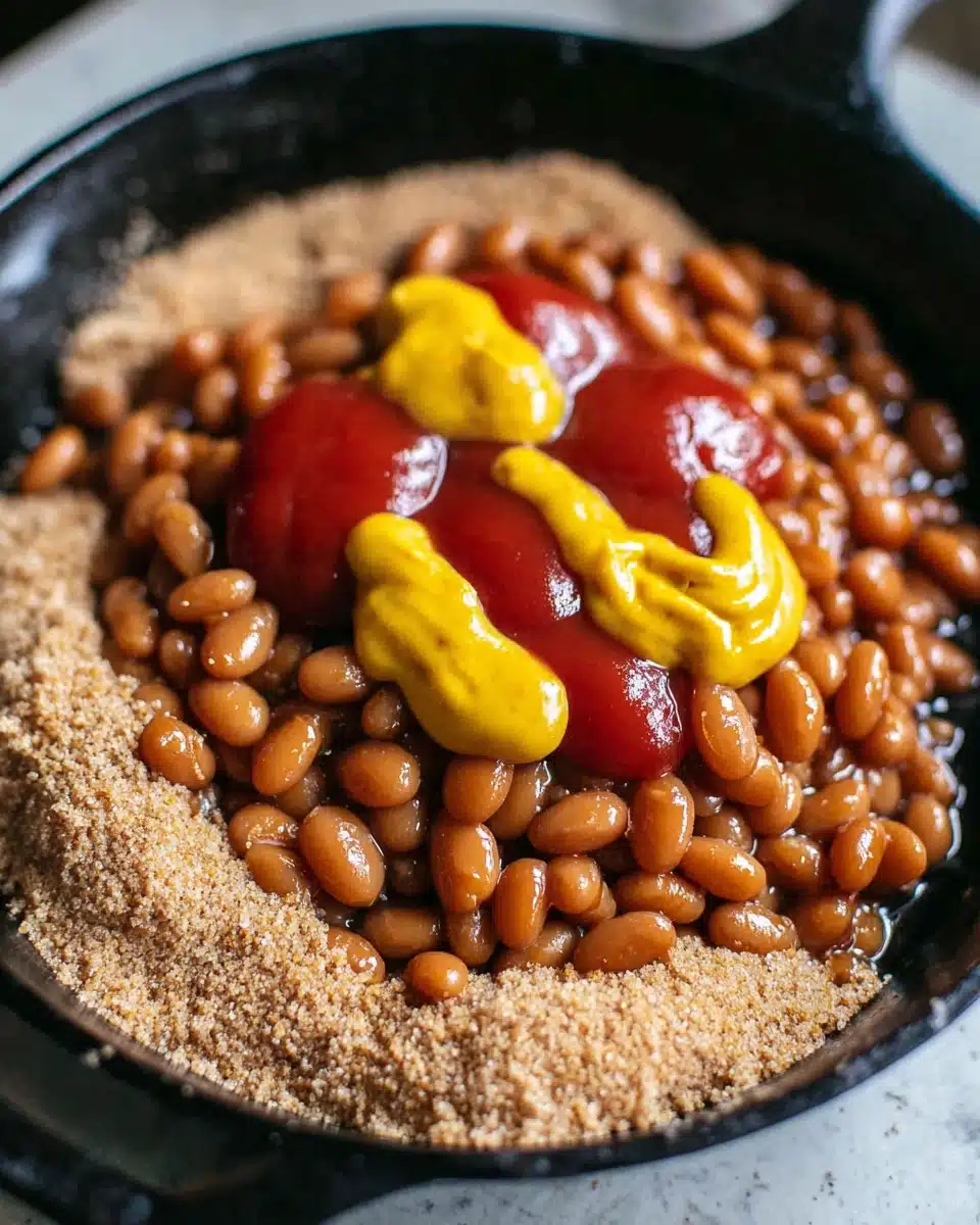Canned baked beans in a skillet with ketchup, mustard, and brown sugar, ready for baking
