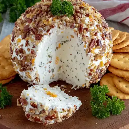 Cheese Ball: The Ultimate Party Snack Delight 1 Creamy cheese ball with pecan coating and crackers, perfect for parties