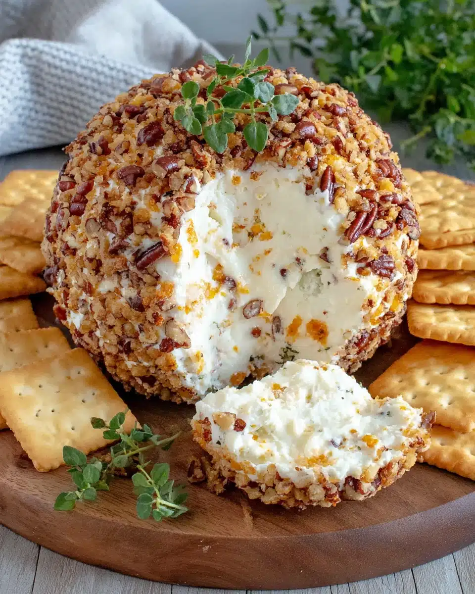 Delicious Cheese Ball with Pecan Coating and Crackers Creamy cheese ball with pecan coating and crackers, perfect for parties