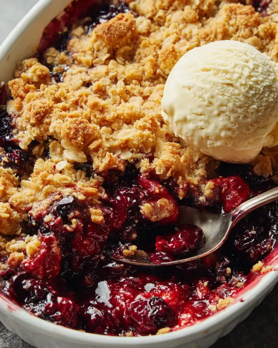 Classic berry crisp with frozen berries topped with vanilla ice cream