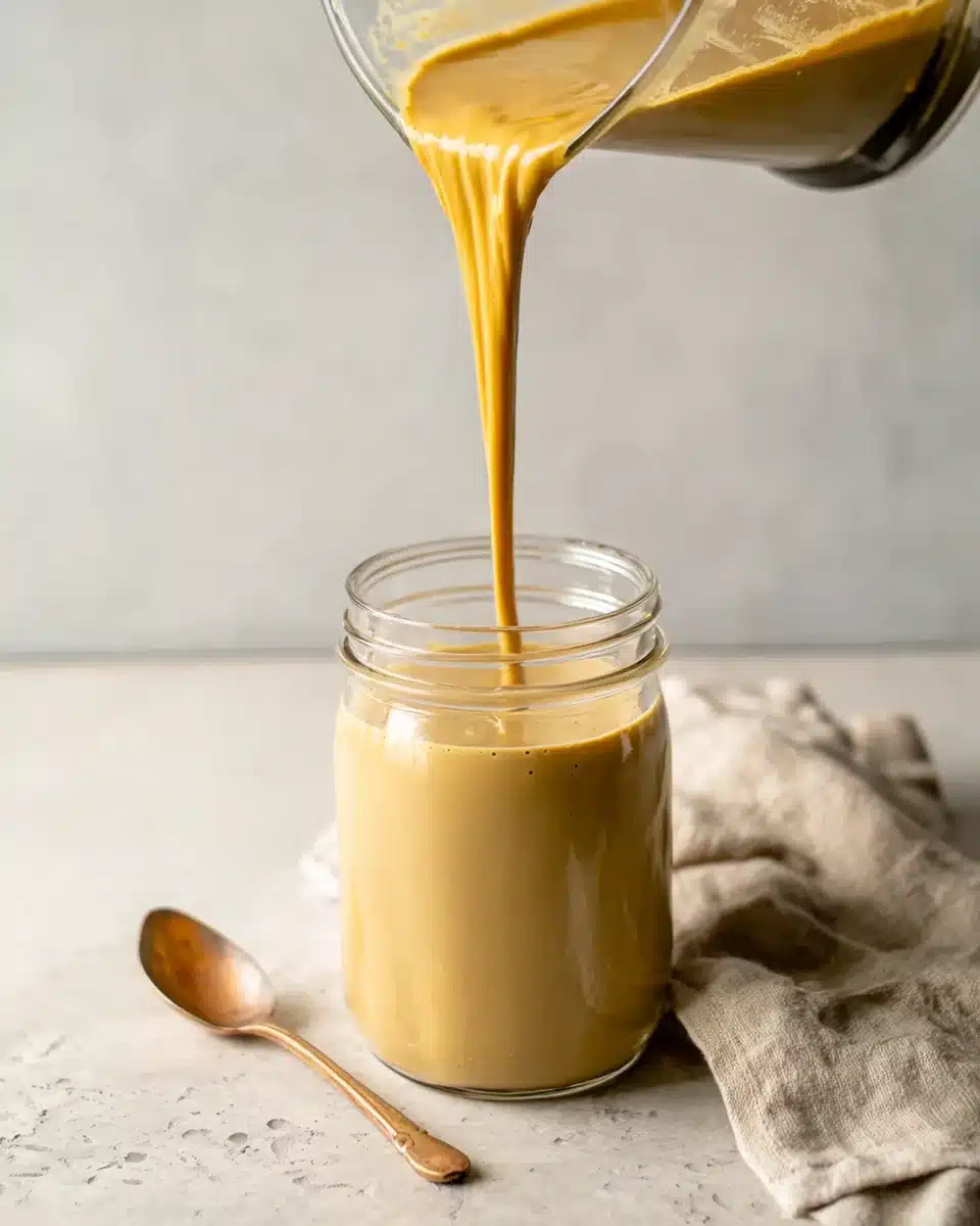 Creamy coffee smoothie being poured into a glass jar