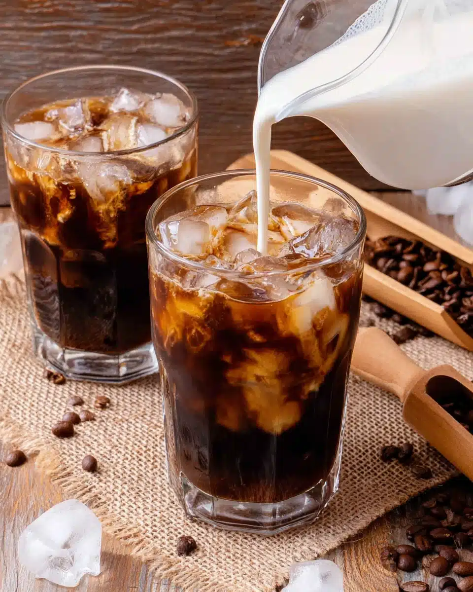 Cold brew coffee with milk being poured into glass with ice and coffee beans