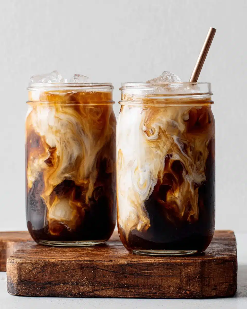 Two glasses of cold brew coffee with milk and ice, swirled together on a wooden board